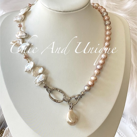 N2-Handmade Half Petal Pearls Half Candy Color Pearl Necklace - Picture 8 of 9